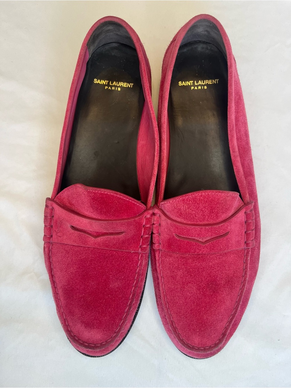 Saint Laurent Suede Penny Loafers in Berry Red